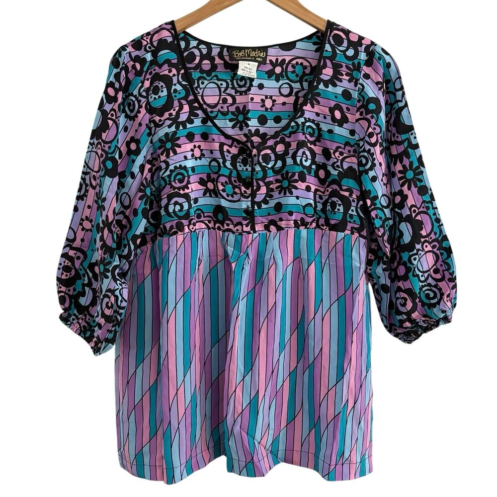 Bob Mackie 100% Silk Tunic Blouse Women’s Size Medium Artsy Art To Wear Luxury